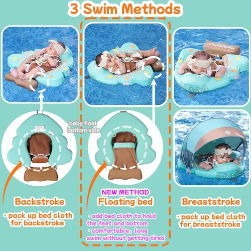 Miniatura 3 de Mambobaby Flotador con Toldo y Cola Nuevo Mejorado Flotador de Piscina No Inflable para Bebé Flotador de Natación Mambo Entrenador de Natación