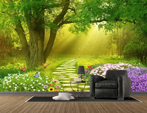 Miniatura 4 de Reyhui - Papel tapiz con imagen de bosque, flores y camino en mural de pared para dormitorio, sala de estar, fondo de TV, sofá