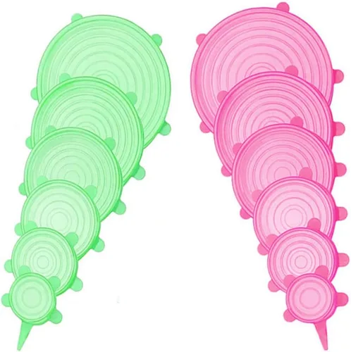 Miniatura 24 de Juego de tapas elásticas de silicona, 6 tamaños, fundas reutilizables para almacenamiento de alimentos, fundas de silicona para tazones, flexibles