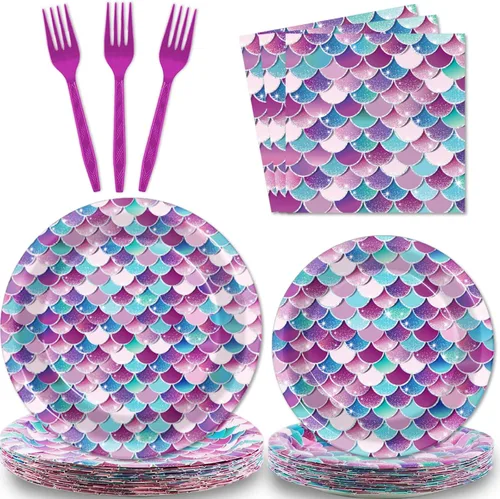 96 piezas de suministros de decoración de fiesta de sirenas, juego de vajilla para fiesta de cumpleaños de sirenas en el océano, fiesta temática