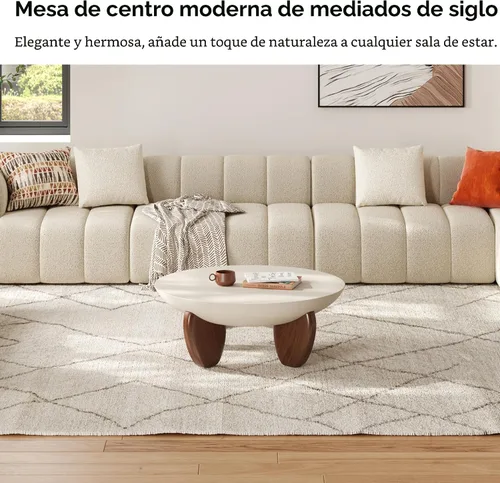 Miniatura 7 de homary - Mesa de café redonda de hormigón con patas premium de madera de nogal y fresno, mesa central de acabado de cemento moderno minimalista