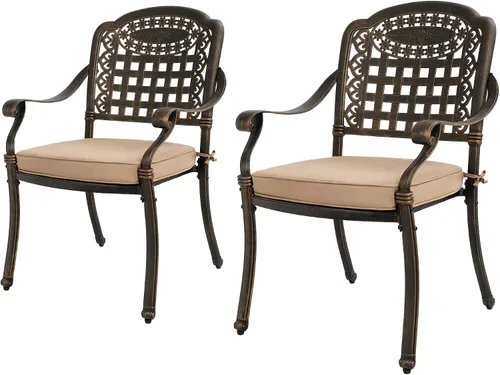 Grepatio Juego de 2 sillas de comedor apilables para exteriores, muebles de comedor de aluminio fundido para todo tipo de clima, con cojín para