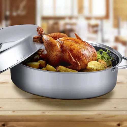 Miniatura 2 de High Dome - Asador de pollo ovalado de acero inoxidable con tapa y estante, bandeja grande para asar pavos, 3 tamaños, plateado (extragrande)