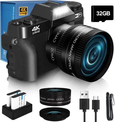 Cámara digital VJIANGER actualizada 2026 para fotografía, cámara de vlogging para YouTube con WiFi, pantalla abatible de 180°, zoom digital 16X,