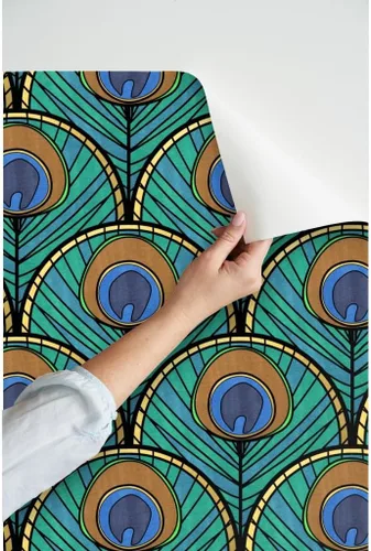 Miniatura 3 de Spoonflower Despegar y pegar papel pintado Swatch – Patrón de abanico Art Deco de pavo real pluma azul verde 1920 inspirado vintage dorado estampado