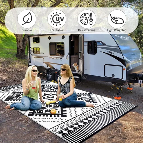 Miniatura 5 de Alfombra Impermeable para Exteriores 9x12 pies, Tapete de Paja de Plástico Reversible Boho para Patio RV Terraza Porche Patio Trasero Balcón Camping