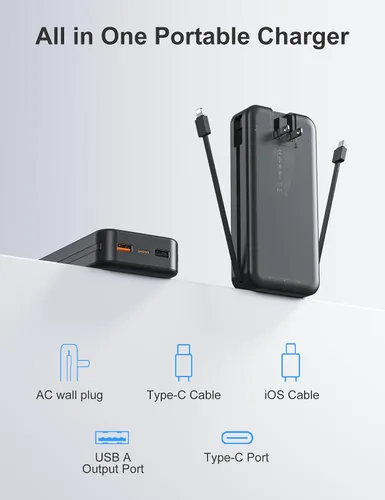 Miniatura 2 de aonidi Cargador ultraportátil de 20000 mAh PD20W con cables integrados y enchufe de pared de CA, cargador de teléfono celular de carga rápida, Negro