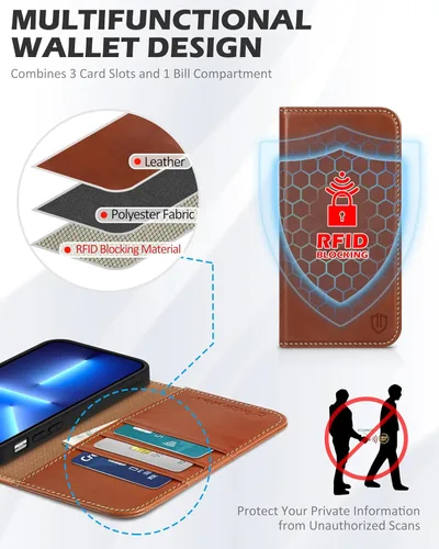Miniatura 3 de SHIELDON Funda para iPhone 13 Pro Max 5G, cartera de cuero genuino tipo folio magnética con amortiguación de golpes, bloqueo RFID, tarjetero, Marrón