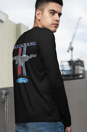 Miniatura 3 de Ford Mustang Pony Racing Stripe 5.0 Muscle Cars Camiseta de manga larga con estampado delantero y trasero Negro