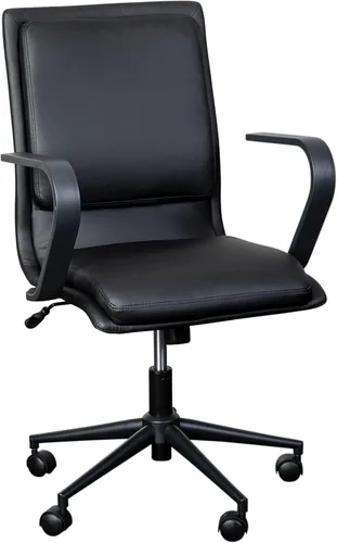 Flash Furniture James Silla de oficina ejecutiva de diseño con respaldo medio, tapicería LeatherSoft negra, base y brazos negros, asiento giratorio
