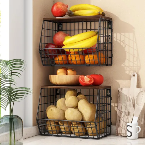 Mefirt 2 cestas de frutas para almacenamiento de cocina con tapa de madera, cesta de pared apilable para cocina, organizador de encimera para Marrón