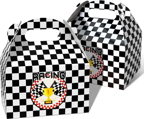 24 cajas de regalo de fiesta de coches de carreras, suministros de fiesta de cumpleaños, cajas de regalo de bandera a cuadros en blanco y negro con