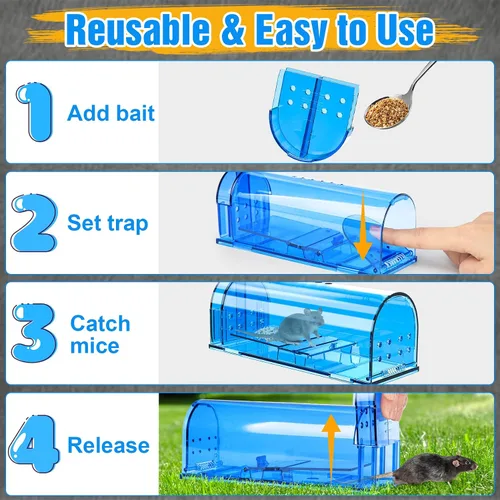 Miniatura 5 de Paquete de 4 trampas humanas para ratones sin muerte, atrapa y libera trampa para ratones vivos para interiores del hogar, jaula reutilizable