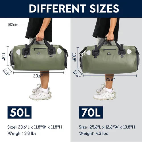 Miniatura 6 de Haimont Bolsa de lona impermeable con correas de fijación rápida para motociclismo, rafting, canotaje, SUP, kayak, viajes, 50L/70L Verde militar
