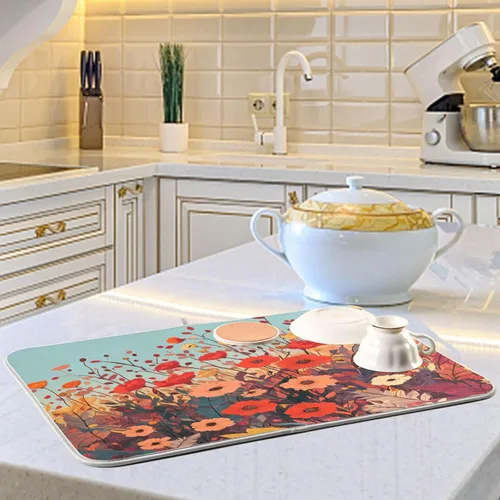 Miniatura 6 de Tapete de secado de platos de primavera naranja con flor de amapola para encimera de cocina, tapete escurridor absorbente de microfibra, tapete
