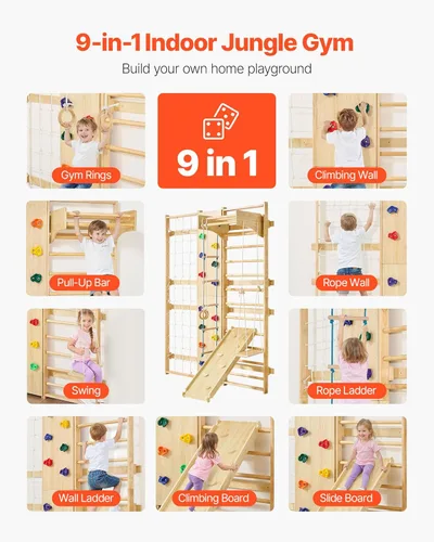 Miniatura 2 de VEVOR Escalera Sueca de Pared para Gimnasio, 9-en-1 Barras de Gimnasia de Madera Sólida de 12 Niveles para Niños y Adultos, Gimnasio de Selva