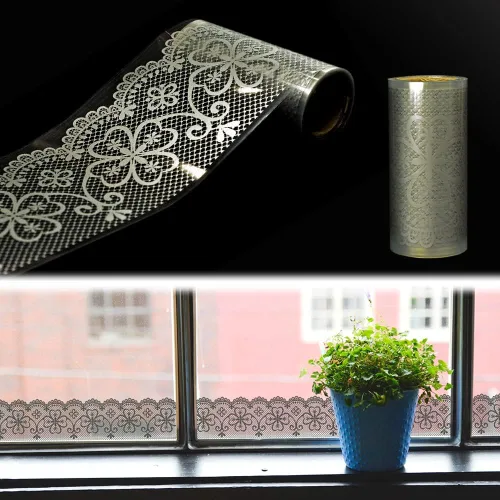 Encaje floral transparente de PVC autoadhesivo impermeable para decoración de pared, color blanco plateado, papel tapiz para ventana, azulejos de