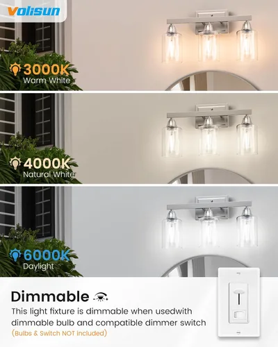 Miniatura 4 de VOLISUN Accesorios de iluminación de baño de níquel cepillado, 3 luces de cambiador de baño sobre espejo, luces de cambiador modernas para baños