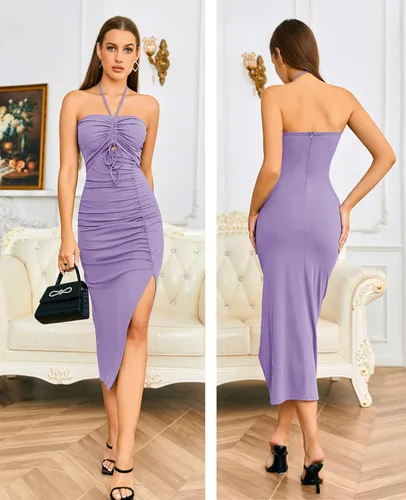 Miniatura 5 de Heysolo Vestidos de verano para mujer, sin espalda, cuello halter, abertura lateral, espalda descubierta, sin mangas, fruncido, vestido de fiesta