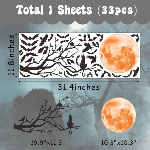 Miniatura 5 de Halloween Moon Wall Sticker Black Bat Wall Stickers Vinyl Crow Bird Tree Branch Wall Decals Removable Halloween Moon Bat Wall Decals Bats Window