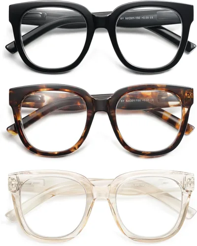 Miniatura 8 de AMOMOMA Paquete de 3 lentes de lectura cuadrados de gran tamaño para mujer, elegante, retro, bonita, para computadora con luz azul, para mujeres