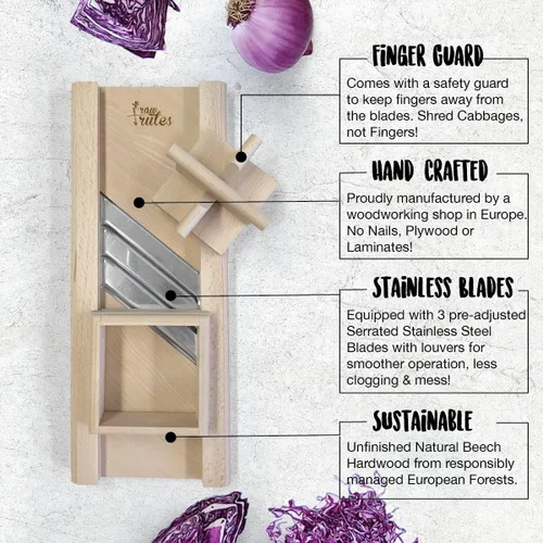 Miniatura 2 de Trituradora compacta de madera con protector de mano para chucrut y ensalada de col finamente cortados, madera de haya natural sin terminar