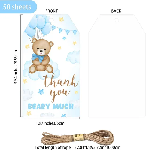 Miniatura 3 de Etiquetas de agradecimiento de oso, 50 etiquetas de regalo azules con cuerda para baby shower, etiquetas de regalo de agradecimiento para celebrar