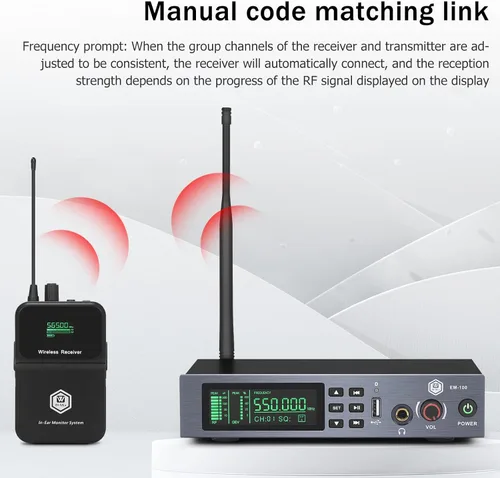 Miniatura 7 de W IN-MIX EM100 UHF Sistema de monitor intrauditivo inalámbrico - 1 canal con 1 sistema IEM mono bodypack, tecnología PLL, rango de 300 pies