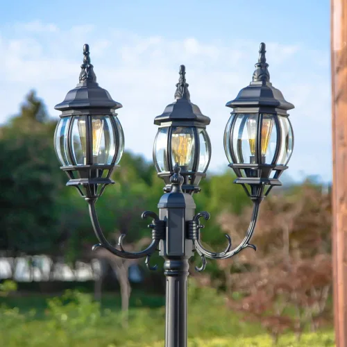 Miniatura 9 de LUTEC Poste de lámpara para exteriores con triple cabezal, luz de calle cableada para césped, patio, camino, jardín, poste negro con paneles