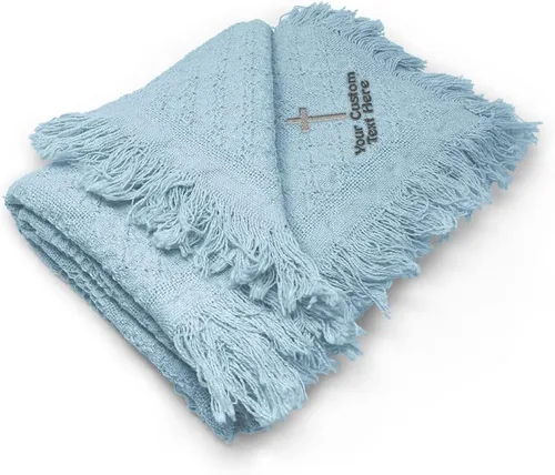 Fastasticdeals Mantas de bebé bordadas personalizadas para niños y niñas Cruz plata Texto y nombre personalizados azul aquí