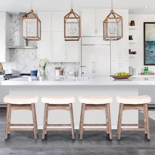 Miniatura 7 de ALPHA HOME Taburete de bar, taburete de cocina de silla de montar de madera maciza con cojín de tela de lino beige, taburete de bar de altura