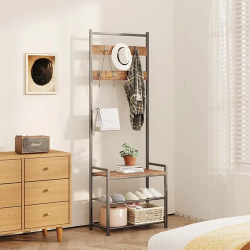 Miniatura 8 de Perchero de pasillo con almacenamiento de zapatos, banco de almacenamiento de árbol de entrada, muebles decorativos de aspecto de madera con marco