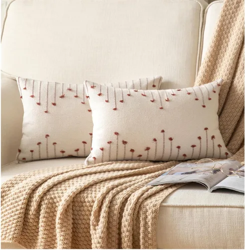 Miniatura 27 de Caflife Fundas de almohada boho de 18 x 18 pulgadas, juego de 2 almohadas decorativas para cama, fundas de almohada beige con línea negra para sofá