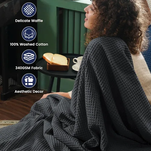 Miniatura 2 de PHF Manta de Tiro de Tejido Gofre 100% Algodón 50" x 60" - Ligera Lavada Suave Transpirable para Adultos y Niños - Capa Perfecta para Sofá Cama Negro