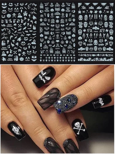 Miniatura 5 de 15 hojas de calcomanías de arte de uñas de Halloween, calcomanías de EBANKU 3D autoadhesivas con láser de calabaza, bruja y esqueleto, calcomanías