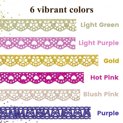 Miniatura 7 de SallyFashion Juego de cintas washi decorativas, 6 rollos de cinta Washi de encaje con purpurina para suministros de fabricación de tarjetas