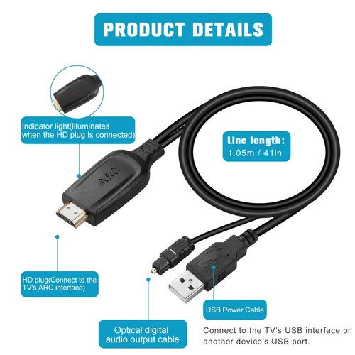 Miniatura 7 de Convertidor de audio HDMI ARC a óptico de 192 KHz para TV a barra de sonido, Plug & Play de 3.4 pies/3.4 ft ARC a cable óptico Adaptador