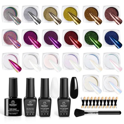 Miniatura 16 de Beetles Polvo Cromado para Uñas 2 Frascos Blanco y Púrpura Perla Cromer Polvo Cromado para Uñas para Gel Efecto Espejo Brillo Kit de Manicura Espejo