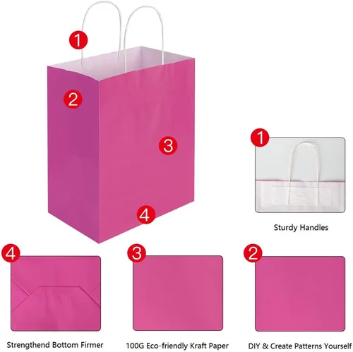 Miniatura 3 de Oikss Paquete de 100 bolsas de papel kraft medianas de 8 x 4.75 x 10 pulgadas con asas a granel para cumpleaños, bodas, fiestas, comestibles, Fucsia