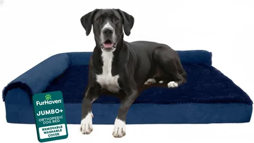 Miniatura 23 de Furhaven - Cama ortopédica de espuma para perros, de piel sintética y gamuza, en forma de L, en dos tonos estilo caja de huevos, color gris piedra