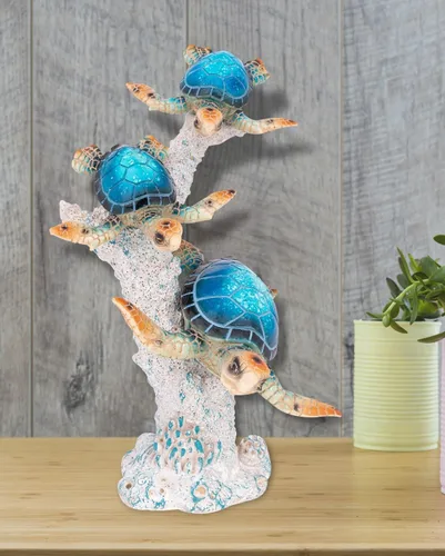 Miniatura 2 de Estatua de tortuga marina triples nadando sobre base de arrecife de coral, figura de polystone inspirada en el océano para decoración del hogar Azul