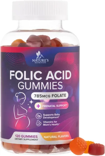 Gomitas de ácido fólico para mujeres 785 mcg - Vitaminas prenatales esenciales para mamá y bebé, suplemento de ácido fólico vegano en gomita, folato