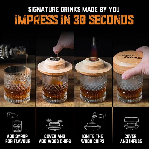 Miniatura 5 de Kit Ahumador de Cócteles de Whisky con Soplete, Jarabe Old Fashioned y Virutas de Madera de 8 Sabores - Ahumador Premium de Roble de EE.UU. - Kit