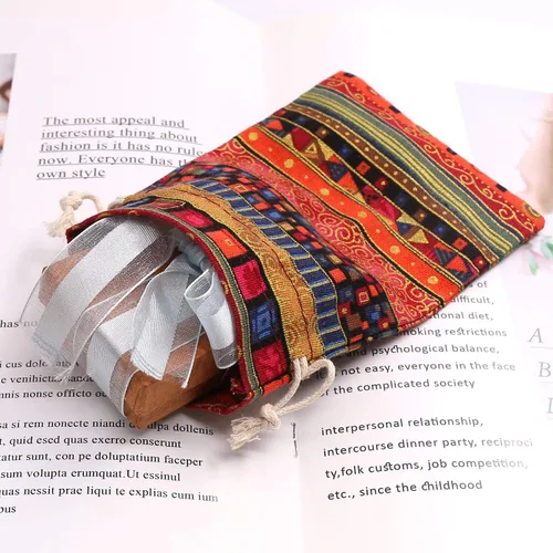 Miniatura 7 de SumDirect Bolsa de arpillera de lino estilo étnico egipcio, 20 bolsas de regalo de 4 x 6 pulgadas con cordón, bolsas de algodón reutilizables