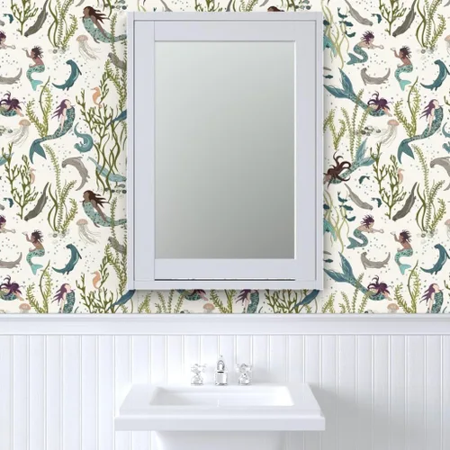 Miniatura 9 de Papel tapiz para despegar y pegar, diseño de sirenas nutrias, blanco, verde, azul, mar, océano, fondo de pantalla extraíble personalizado Spoonflower
