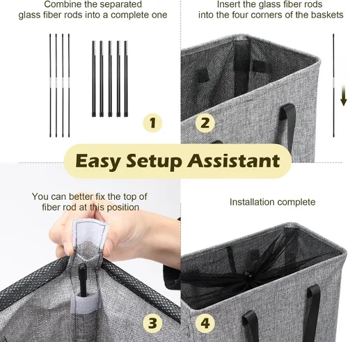 Miniatura 3 de Odonata Cesta de lavandería delgada con asas, cesta plegable para ropa sucia, bolsa de ropa sucia estrecha, cesta plegable para ropa sucia, 45 Gris