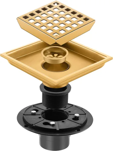 Miniatura 3 de Drenaje de ducha, oro cepillado de 4 pulgadas, drenaje cuadrado de piso de ducha con brida, panel de rejilla removible de acero inoxidable SUS 304