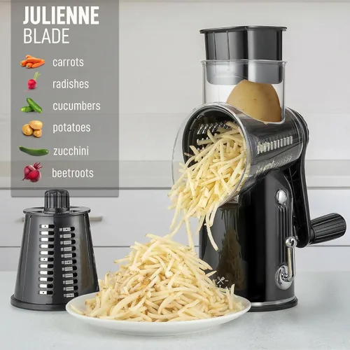 Miniatura 7 de Zulay Kitchen Rallador rotativo de queso de 5 cuchillas, rallador de queso manual de manivela con succión reforzada y 5 tambores intercambiables
