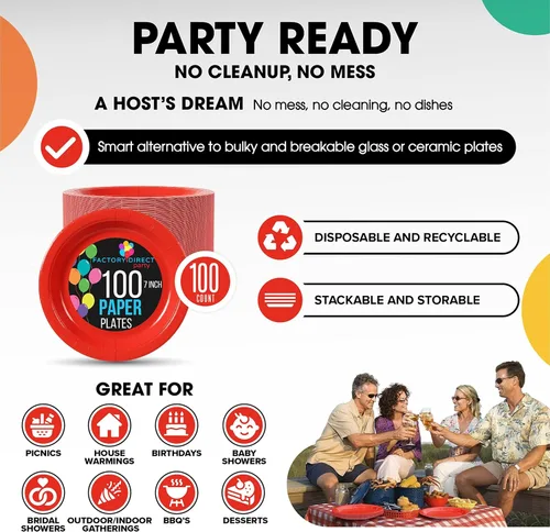 Miniatura 9 de Exquisite Party Solids - Platos desechables de papel rojo de 7 pulgadas, platos desechables rojos para fiestas, 100 unidades, 350 GSM, suministros