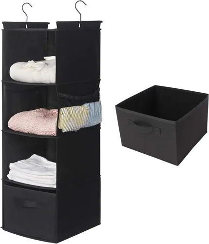 MAX Houser Organizador de armario colgante de 4 estantes, ahorro de espacio, estantes colgantes de tela con 2 bolsillos laterales, plegable (negro)